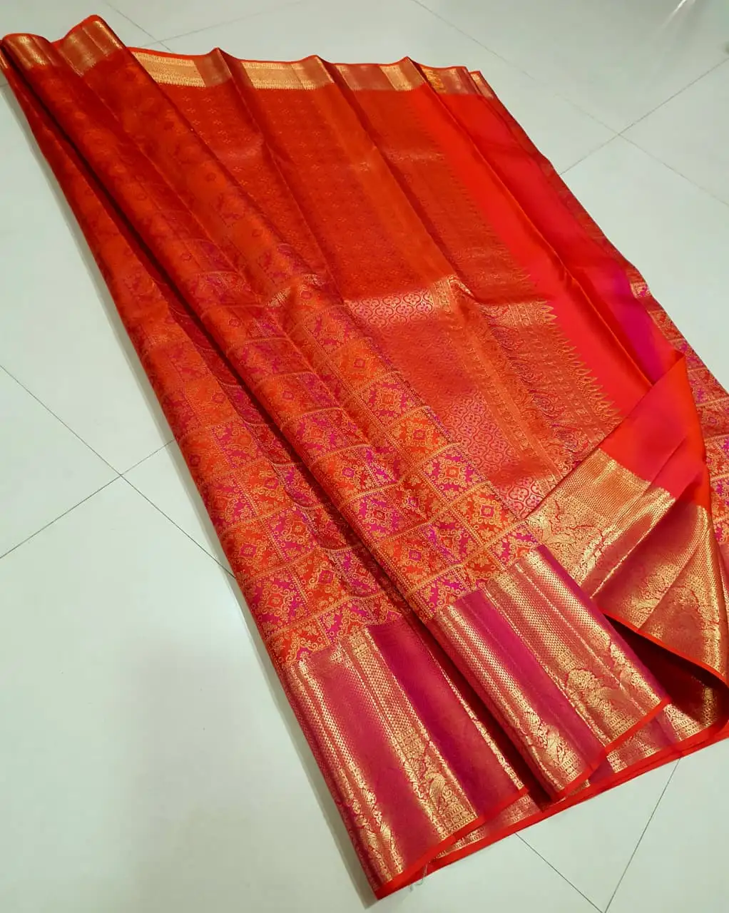 Rani Coral Red Meenakari Brocade Kanchipuram Silk Saree